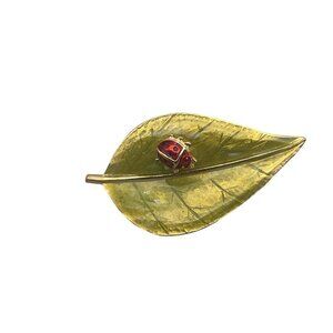 Vintage Lia Enamel 3D Ladybug on a Spring Sitting on a Leaf Brooch Pin